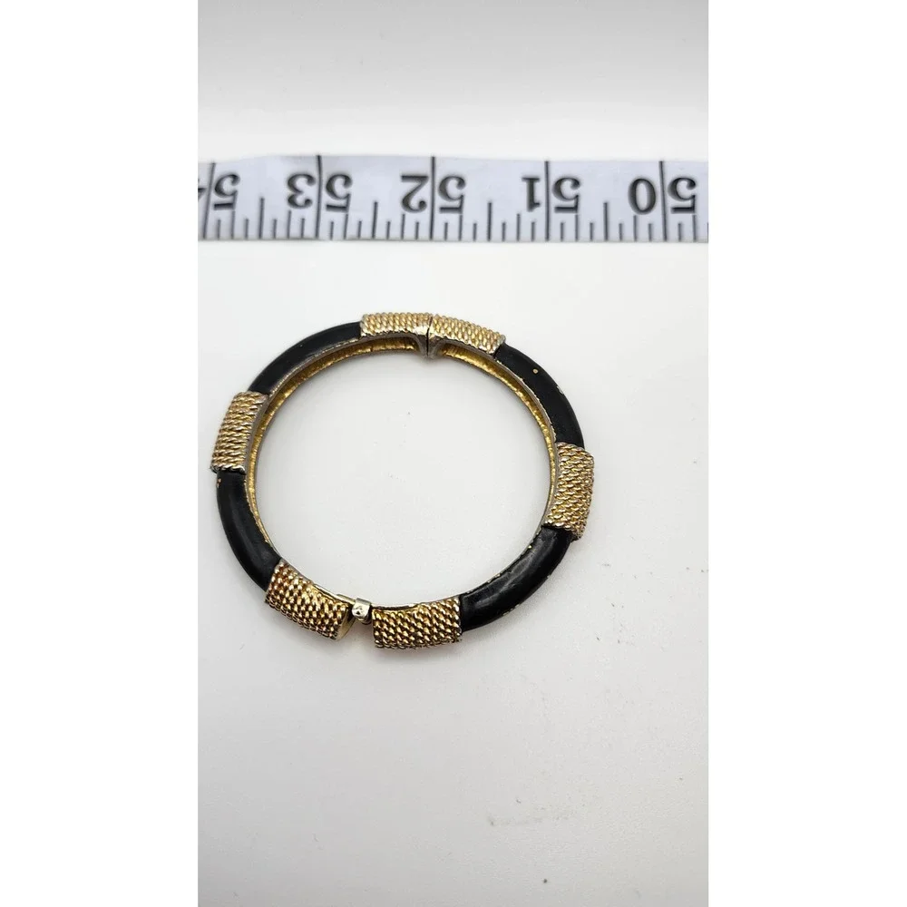 Black Enamel Bangle Bracelet Gold Tone Hinged Textured Panels Statement